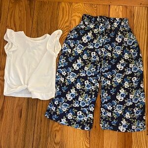 White Ruffle Sleeve Top and Navy Blue Floral Pants